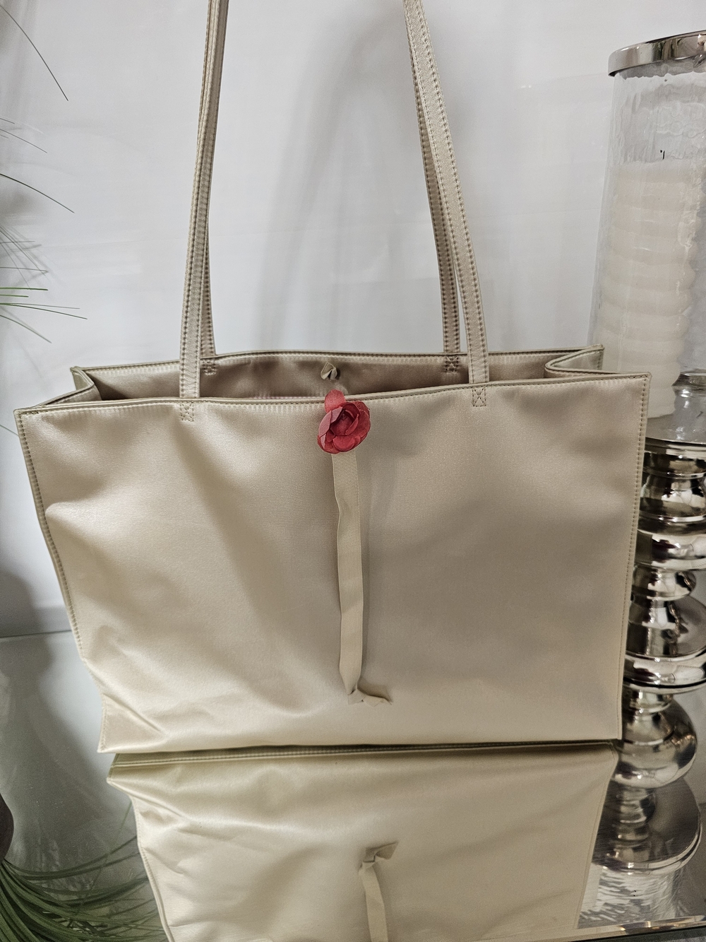 Northstrom Satin Cream Tote with Rose Accent
